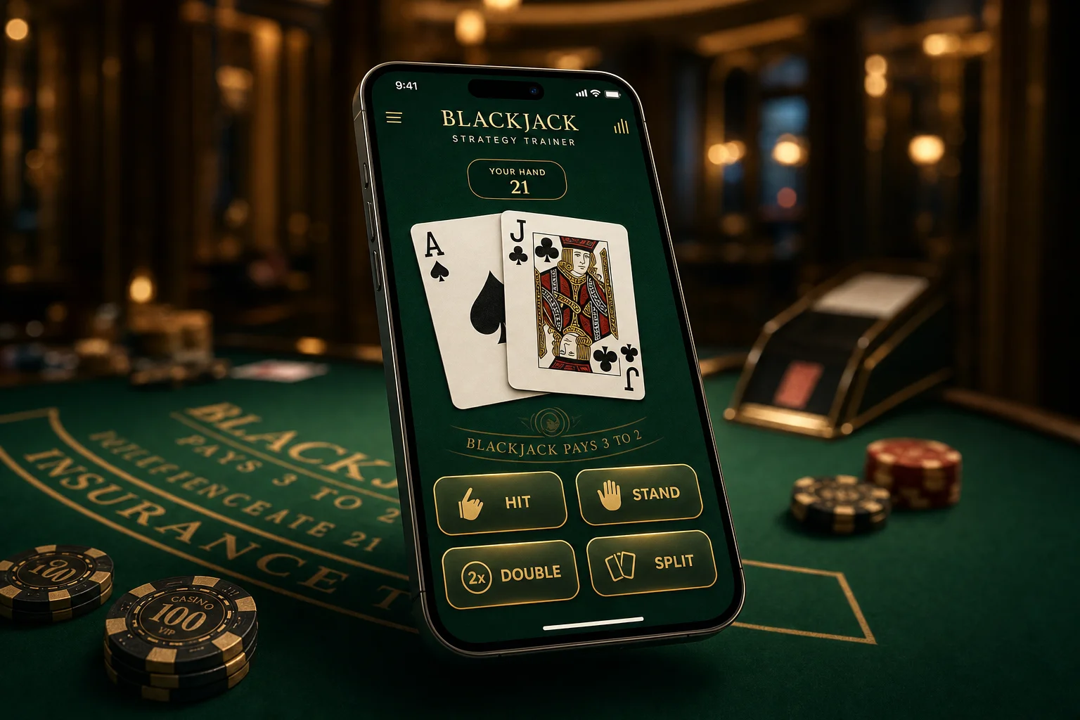 Blackjack Strategy Trainer mobile application screen mockup running on high quality casino table